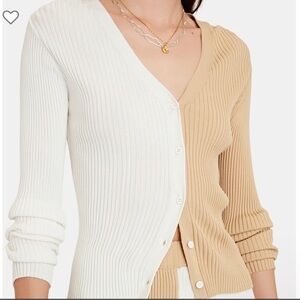 STAUD Cargo Color-block Rib Knit Cardigan in biscotti and cream Large